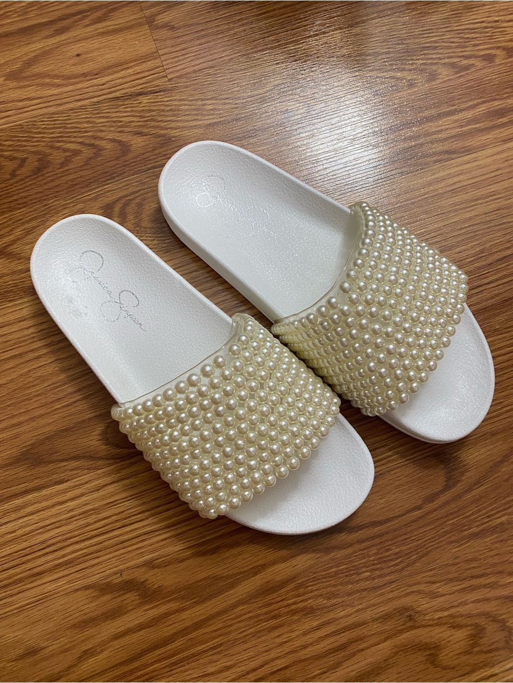 Jessica Simpson Pearl-Embellished White Slide Sandals